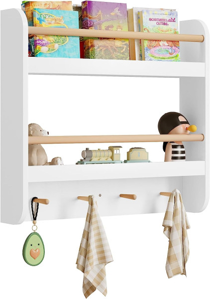 Kinder Bücherregal, Spielzeugregal mit 2 Ablagen 4 Haken, 60x55x12 cm, Holz, MDF