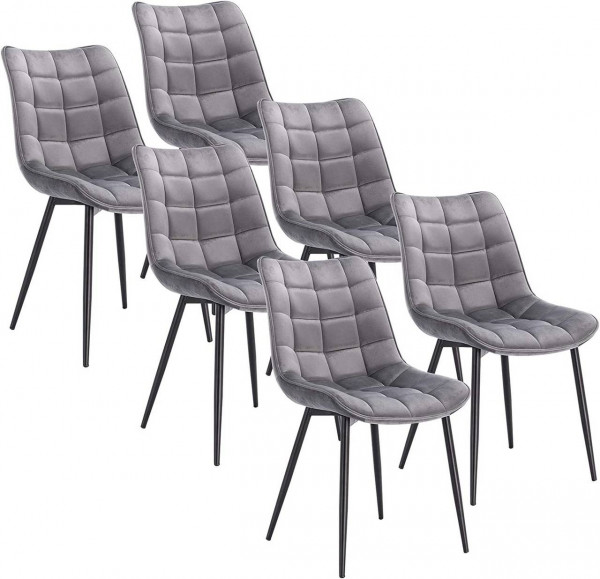 6er-Set Esszimmerstühle mit Rückenlehne, Sitzfläche aus Samt, Gestell aus Metallbeine hellgrau