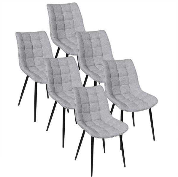 6er-Set Esszimmerstühle mit Rückenlehne, Sitzfläche aus Leinen, Metallbeine hellgrau