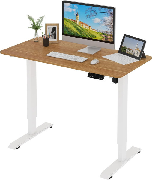 Höhenverstellbar Schreibtisch Elektrisch mit Tischplatte 120 x 60 cm und 4 Memory-Steuerungen, Eiche + Weiß Gestell