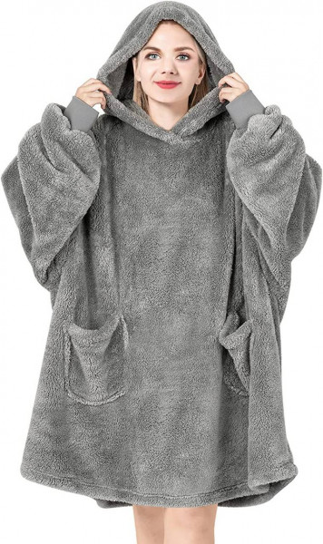 Hoodie Decke mit Ärmeln und Kapuze Kuscheldecke flauschig warm Pullover Decke zum Anziehen Grau