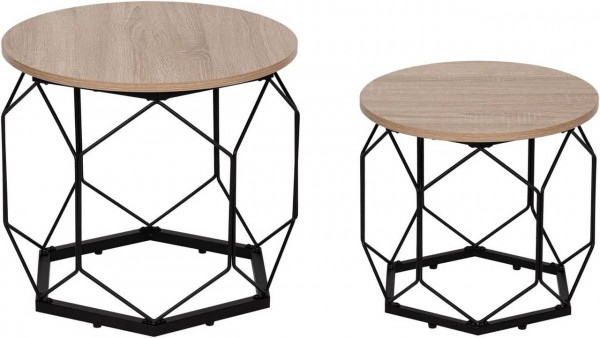 Couchtisch 2er Set, mit runder Tischplatte, aus Holzwerkstoff Metall, Holzoptik Helle Eiche + Schwarz