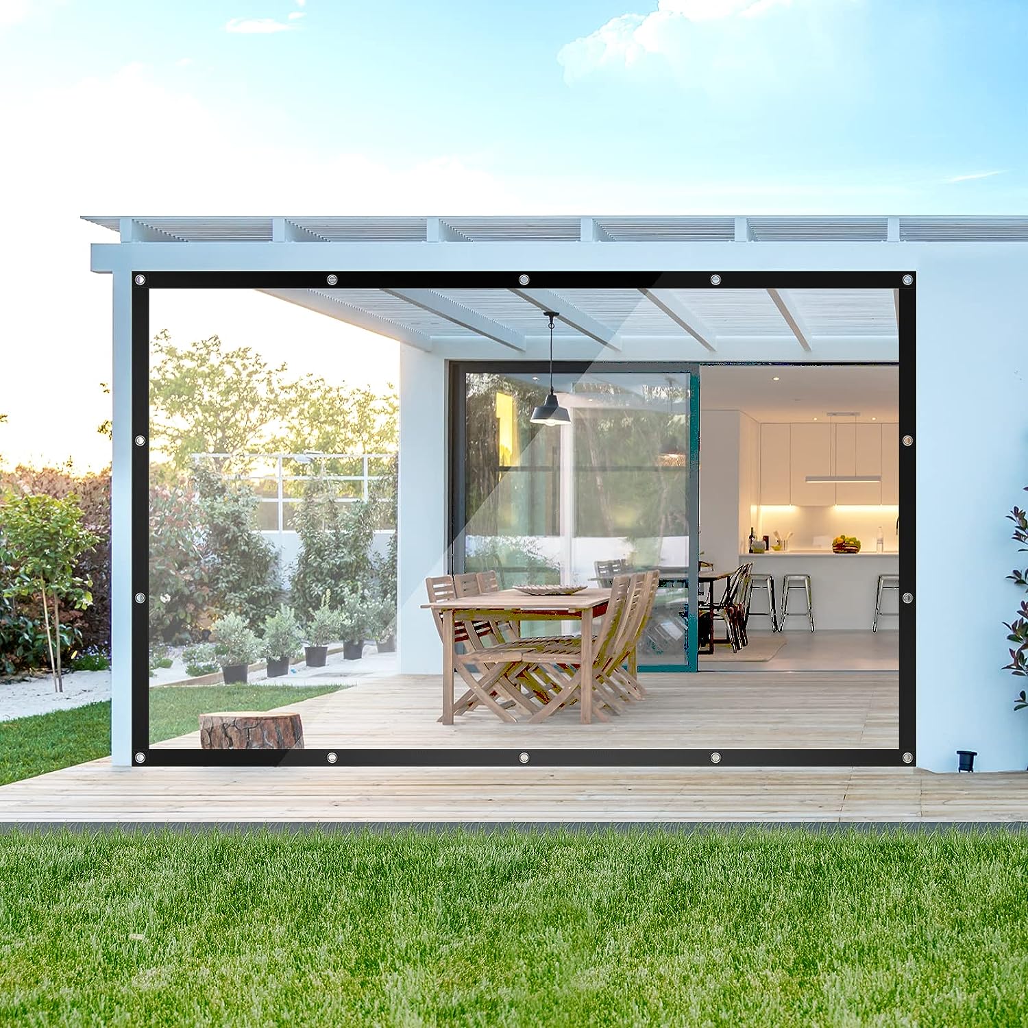Lona Impermeable Exterior 380g/m2 para Jardín Terraza con Ojales y Cuerdas  Lona PVC contra el Viento a Prueba de Lluvia Polvo, Transparente