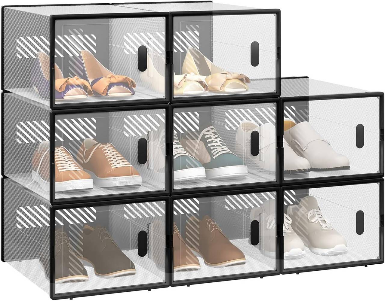 Schuhbox stapelbar, Schuhkarton mit magnetischer Tür, Kunststoffbox für  Schuhaufbewahrung, Faltbarer Schuhorganizer, 35x19x25 cm, transparent  schwarz