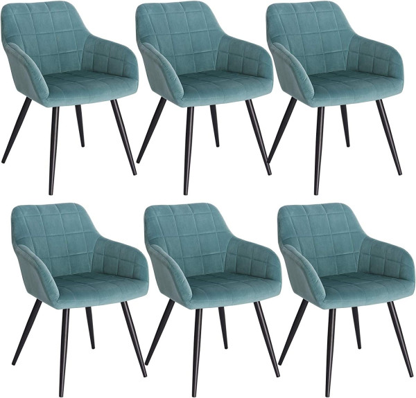 6 x Esszimmerstühle 6er Set Esszimmerstuhl Küchenstuhl Polsterstuhl Design Stuhl mit Armlehnen, mit Sitzfläche aus Samt, Gestell aus Metall Türkis
