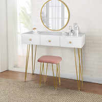 White Dressing Table with Velvet Pink Stool Wall Mount Mirror Set with 3 Drawers Under the Makeup Bedroom Desk Dresser Set Hairpin Legs