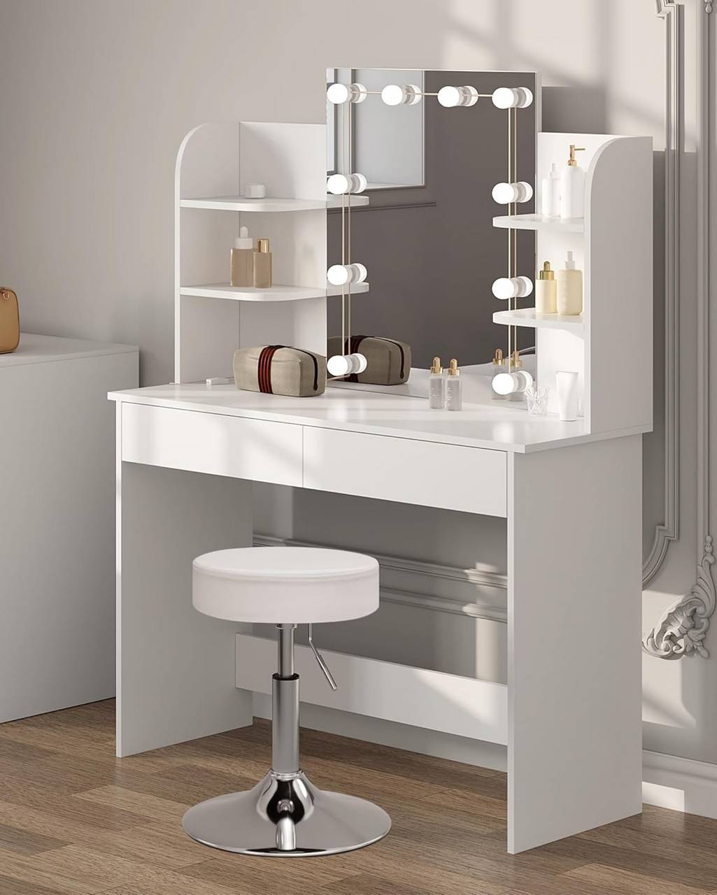 Tocador con Espejo y Luz Regulable, Mesa de Maquillaje con Taburete de  Altura Ajustable, 108x40 cm, Blanco