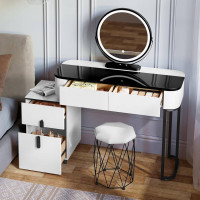 WOLTU dressing table with LED, mobile mirror velvet stool glass top, white + black