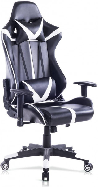 Gaming chair made of synthetic leather with adjustable armrests, pillows and lumbar cushions