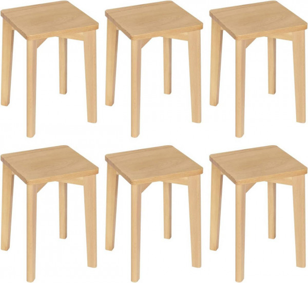 6er Set Esszimmerstühle Massivholz, rechteckiger Holzhocker stapelbar, Sitzhocker, Naturholzfarbe