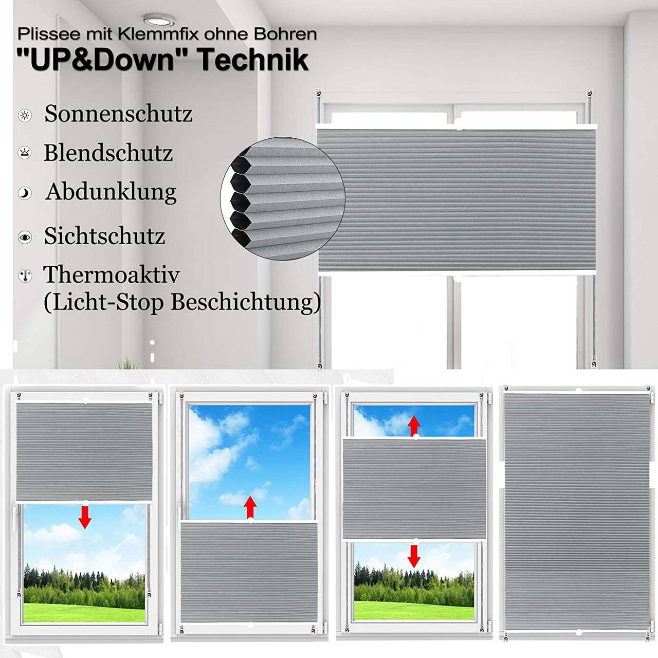 Klemmfix Pleated with Clamp Carrier Blind Uptight for Window Door White Cream Grey 