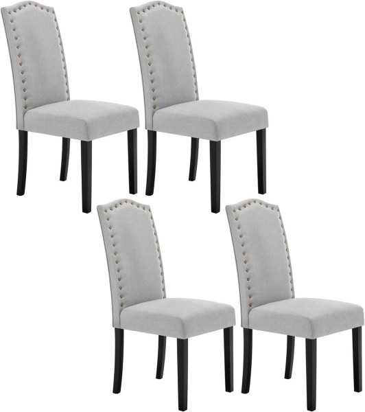 4er Set Esszimmerstühle, mit hoher Rückenlehne, mit Massivholzbeinen, Leinen, hellgrau