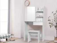White dressing table with stool, mirror and shelving system