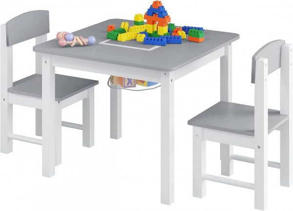 Kindertisch mit 2 Stühlen, Spieltisch mit wendbarer Bauplatte,  Kindersitzgruppe Weiß Grau