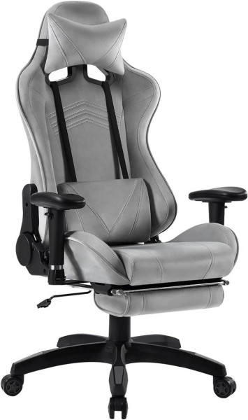 Gaming Stuhl mit Wippfunktion, Drehstuhl ergonomisch, höhenverstellbar, Samt, grau