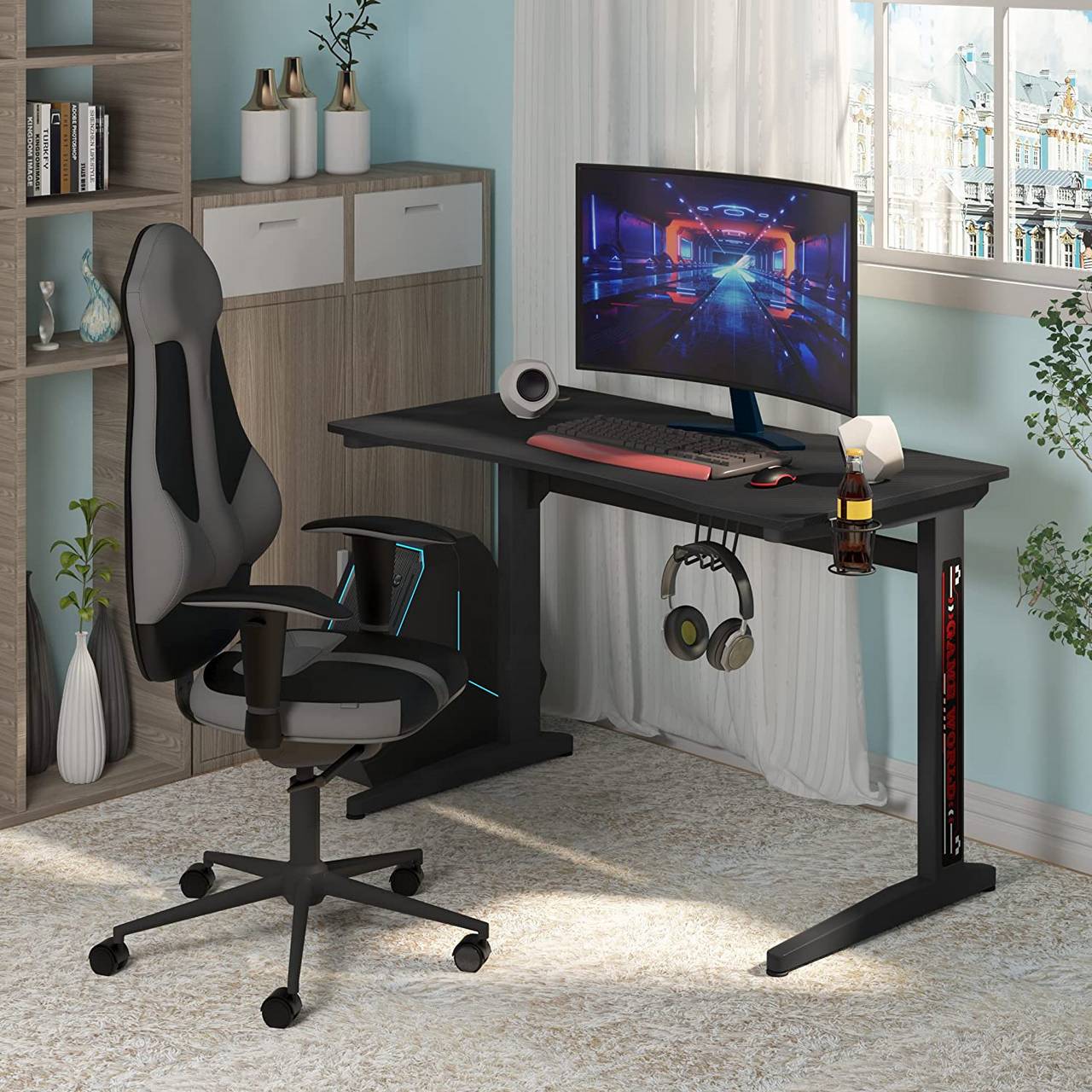 Bureau gamer ergonomique, bureau informatique avec porte-gobelet