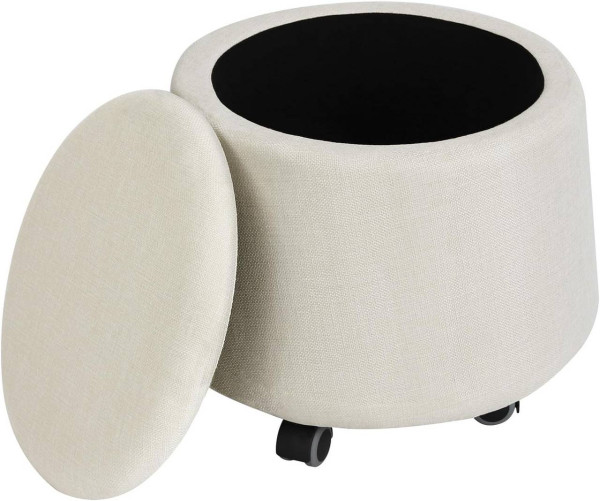 WOLTU stool, storage space wheels, round, storage chest lid, made of linen, cream