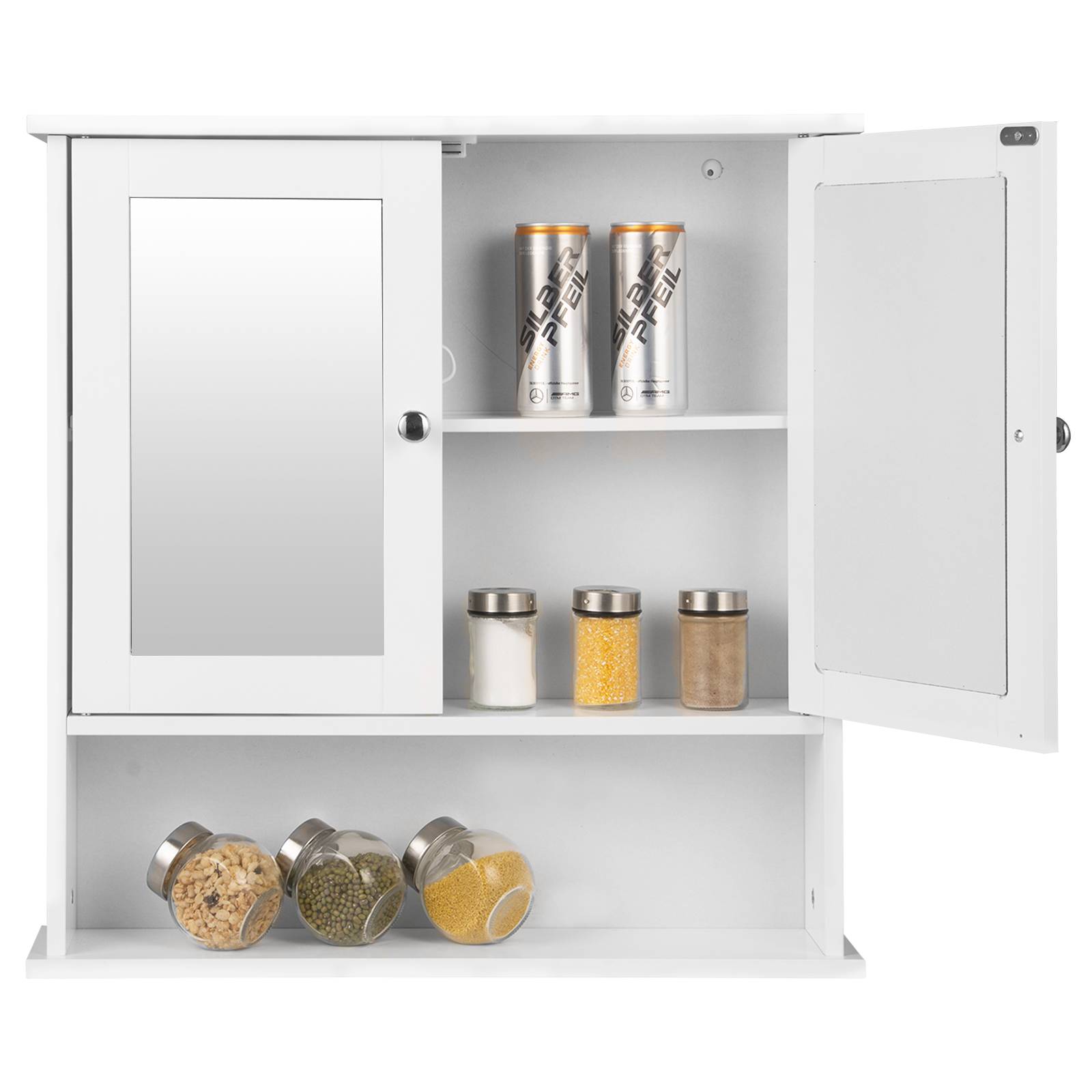 Spiegelschrank Badschrank Hängeschrank aus Holz, offenes Fach,  höhenverstellbarer Einlegeboden, weiß, 56 x 58 x 13 cm