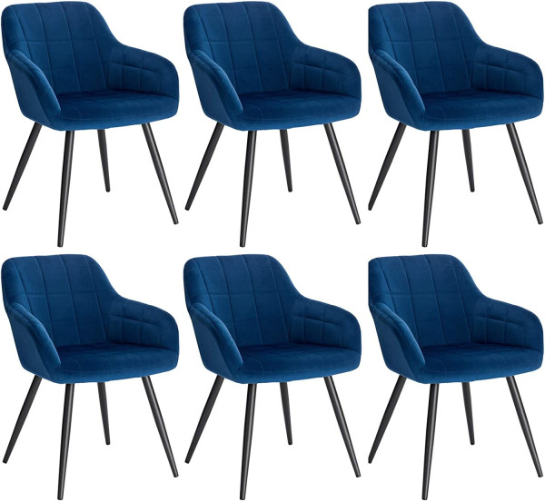 6 x Esszimmerstühle 6er Set Esszimmerstuhl Küchenstuhl Polsterstuhl Design Stuhl mit Armlehnen, mit Sitzfläche aus Samt, Gestell aus Metall Blau