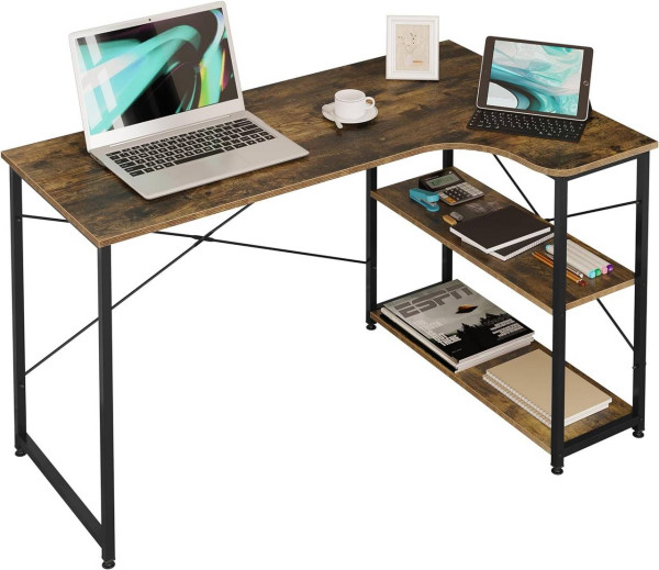 Schreibtisch PC Tisch Bürotisch aus Holz&Stahl, mit Ablage, Vintage-Braun Schwarz