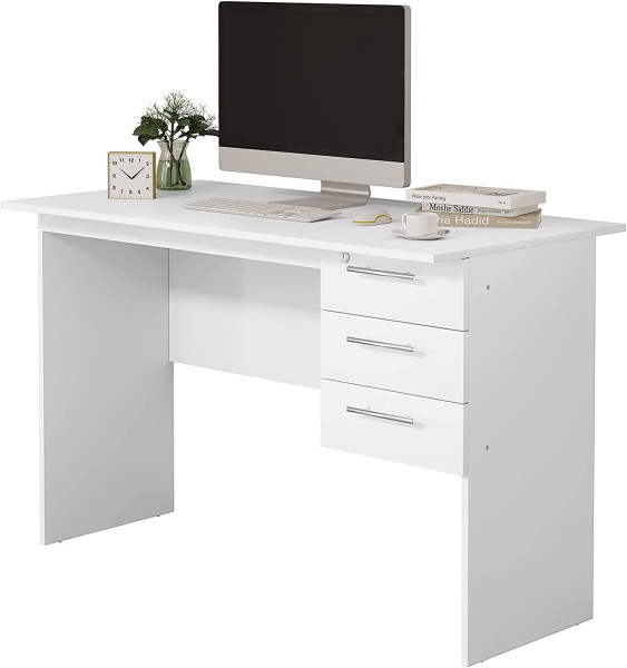 Bürotisch, mit 3 Schubladen und Schloss, aus Holz, 120x59x75cm(BxTxH), Weiß