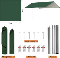 WOLTU tent tarpaulin, waterproof, tarp with pole eyelets, winch ropes, pegs, green
