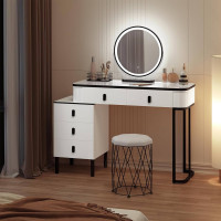 WOLTU dressing table, velvet stool, mirror with LED, side cabinet, white + black