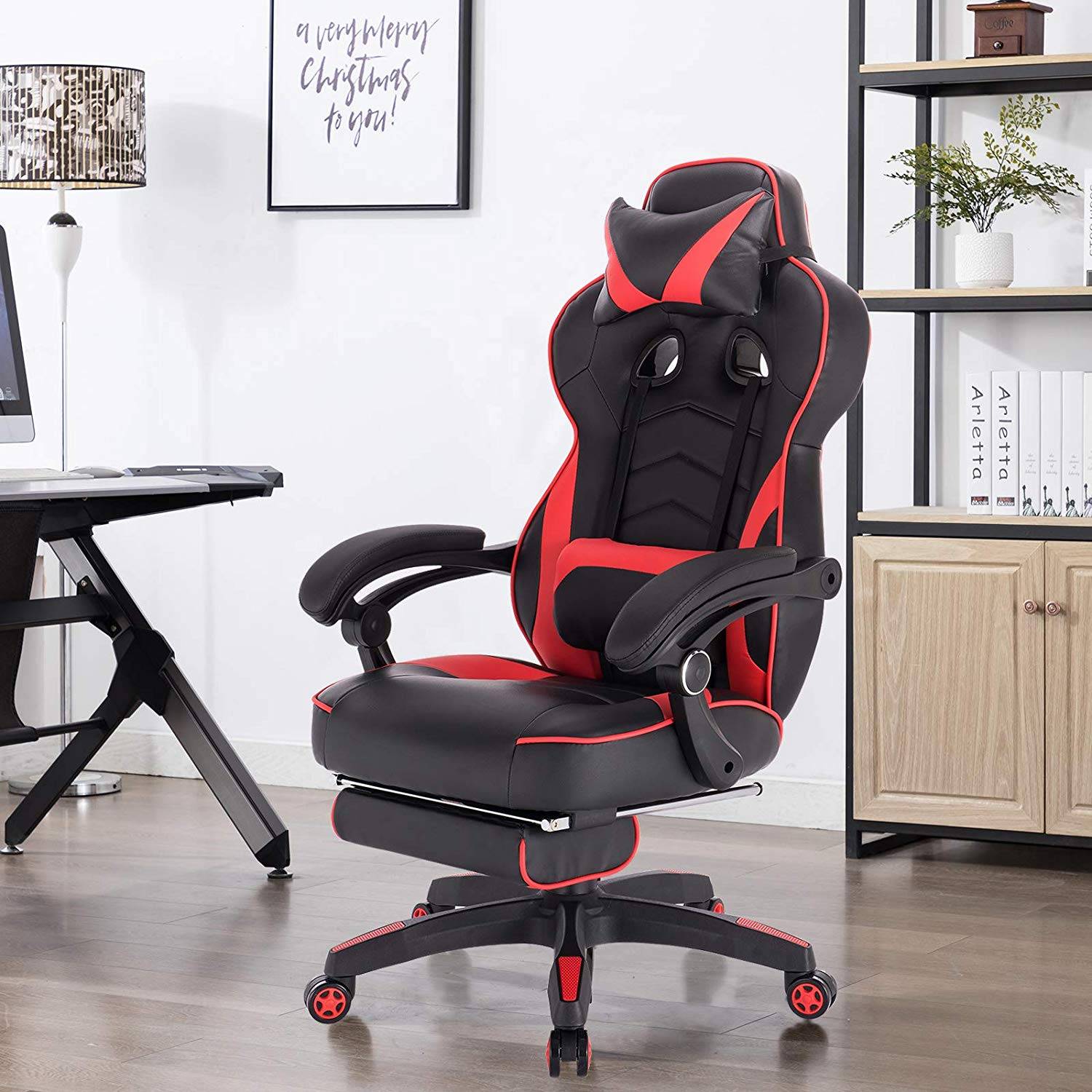 WOLTU BS75rt Gaming Stuhl Racing Stuhl Bürostuhl ergonomischer Schreibtischstuhl mit Kopfkissen und Lendenkissen mit Wippfunktion mit hoher Rückenlehne höhenverstellbar PC Stuhl Kunstleder Rot 