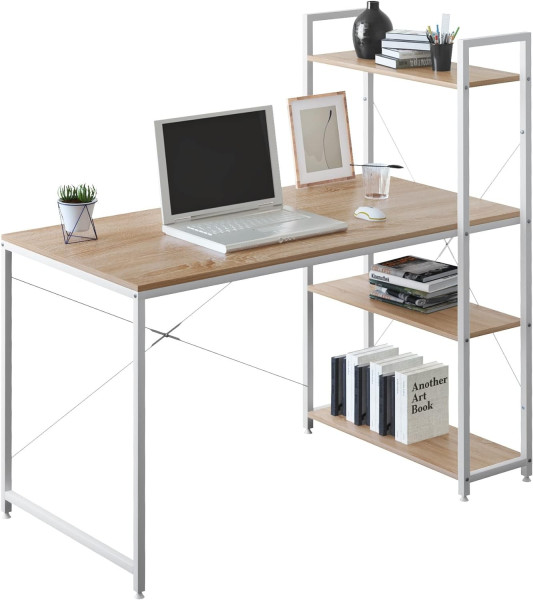 Schreibtisch Büromöbel PC Tisch Bürotisch Arbeitstisch aus Holz&Stahl, Heller Eiche+weiß