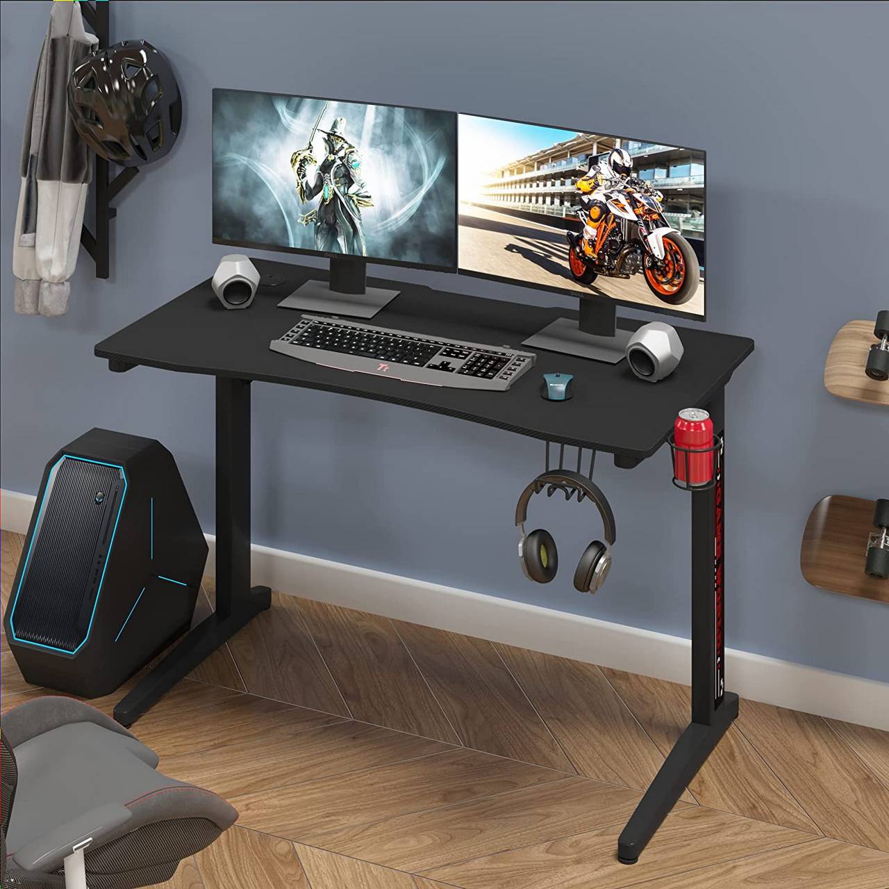 Mesa Gaming Desk Mueble Escritorio de Computadora Ergonómica, Mesa de  Juegos Mesa de Trabajo con Portavasos y Gancho para Auriculares, Negro