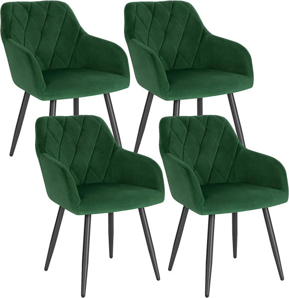 4er Set Esszimmerstühle mit Armlehne Rückenlehne, Stuhl mit Samtbezug Metallbeinen dunkelgrün