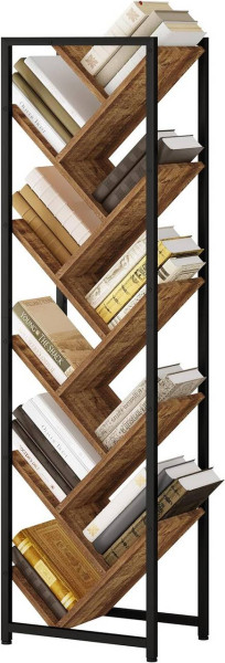 Bücherregal Baumform, Standregal mit 10 Ebenen, aus Holzwerkstoff, schwarz helle Eiche