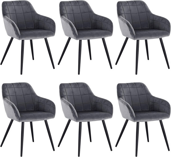 6 x Esszimmerstühle 6er Set Esszimmerstuhl Küchenstuhl Polsterstuhl Design Stuhl mit Armlehnen, mit Sitzfläche aus Samt, Gestell aus Metall Dunkelgrau