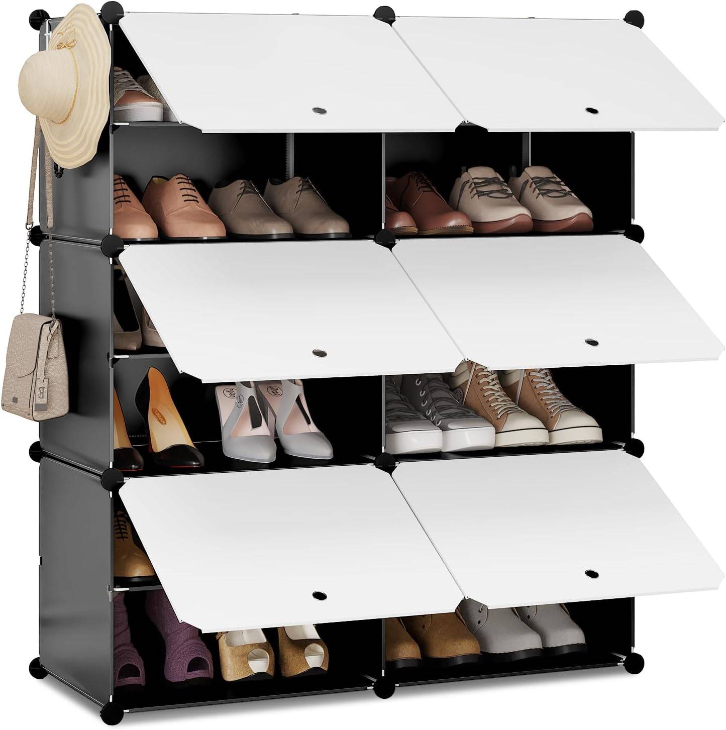 Zapatero Plástico, Organizador de Zapatos de Panel Modular, Zapatero con 6  Cubos para 24 Zapatos, con Puertas y Ganchos, Blanco+Negro