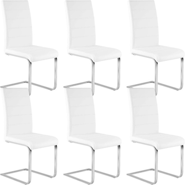Esszimmerstühle 6er Set, Freischwinger Stuhl mit hoher Rückenlehne, Kunstleder weiß