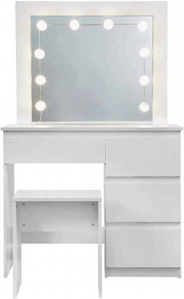 Lighting Mirror Stool White, White Dressing Table With Light Bulb Mirror