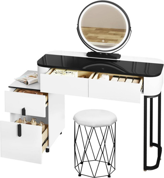 WOLTU dressing table with LED, mobile mirror velvet stool glass top, white + black