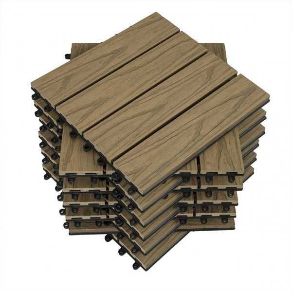 Set of 11 WPC balcony tiles in wood look with relief