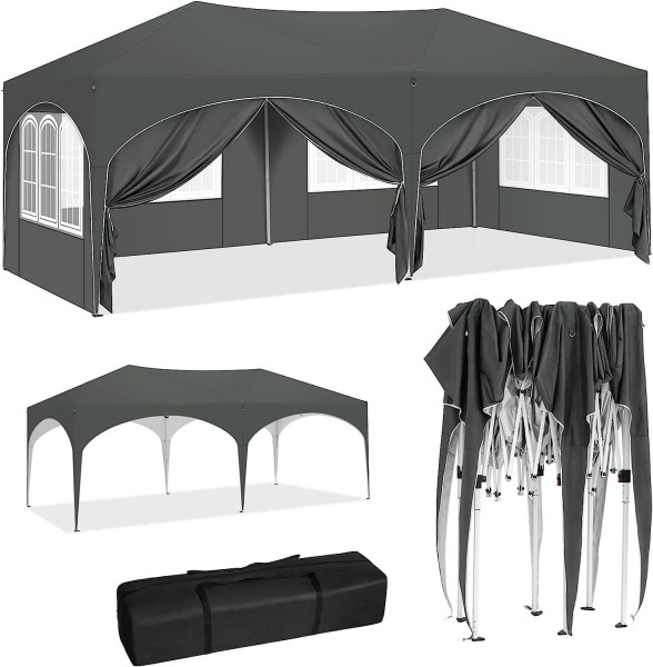 Pavillon 3x6 m, mit 6 Seitenwänden, wasserabweisend UV-Schutz 50+, höhenverstellbar, grau