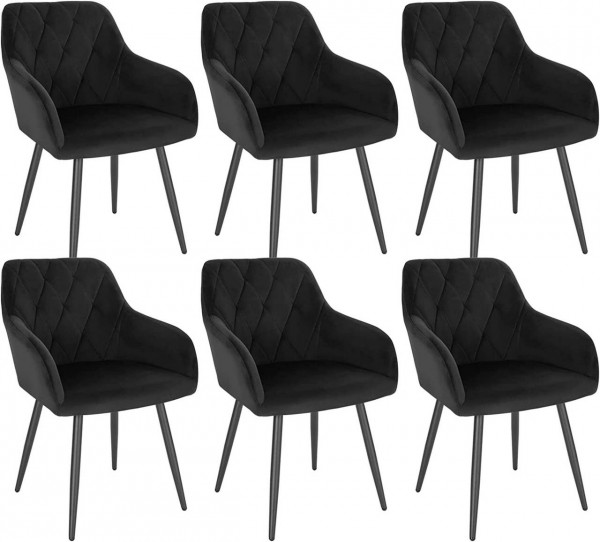6er Set Esszimmerstühle mit Armlehne Rückenlehne, Stuhl mit Samtbezug Metallbeinen schwarz
