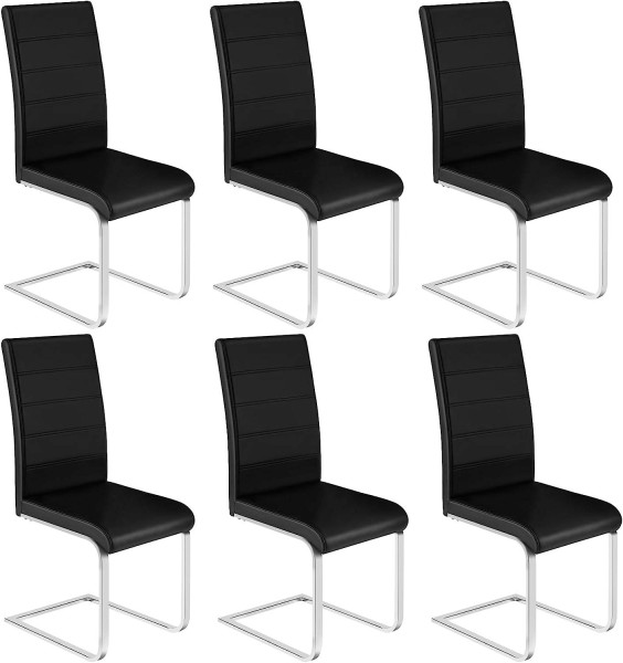 Esszimmerstühle 6er Set, Freischwinger Stuhl mit hoher Rückenlehne, Kunstleder schwarz