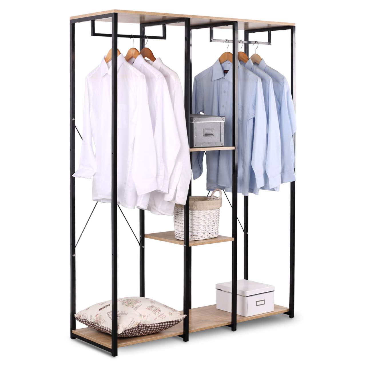 SONGMICS Double Clothes Rail Telescopic Extendable Coat Garment Rack with Shoe Shelf Stainless Steel Clad Pipe 154 x 42 x 172 cm LLR03W 