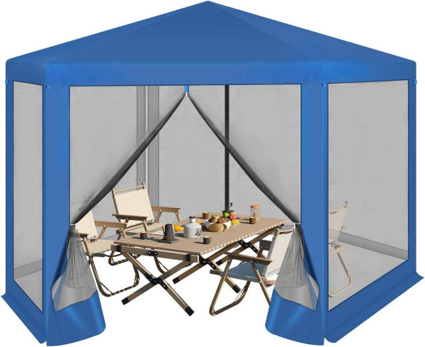 WOLTU pavilion 3.8x3.3 m hexagonal, with side walls mosquito net, metal, blue