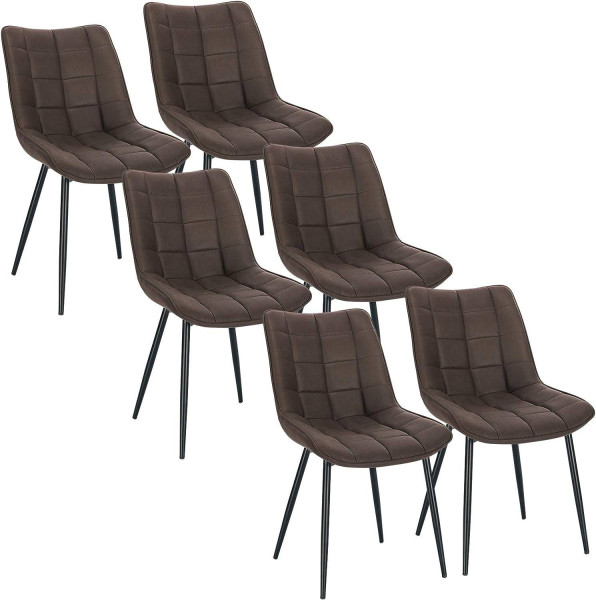 6er-Set Esszimmerstühle mit Rückenlehne, Sitzfläche aus Stoffbezug, Metallbeine dunkelbraun