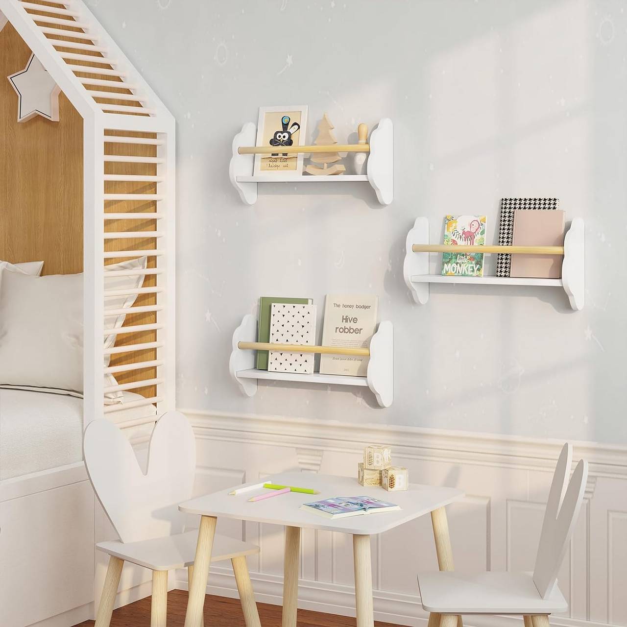 NATURE SUPPLIES Juego de 3 estantes flotantes blancos para pared,  estantería infantil para dormitorio, estante de libros para habitaciones de  niños