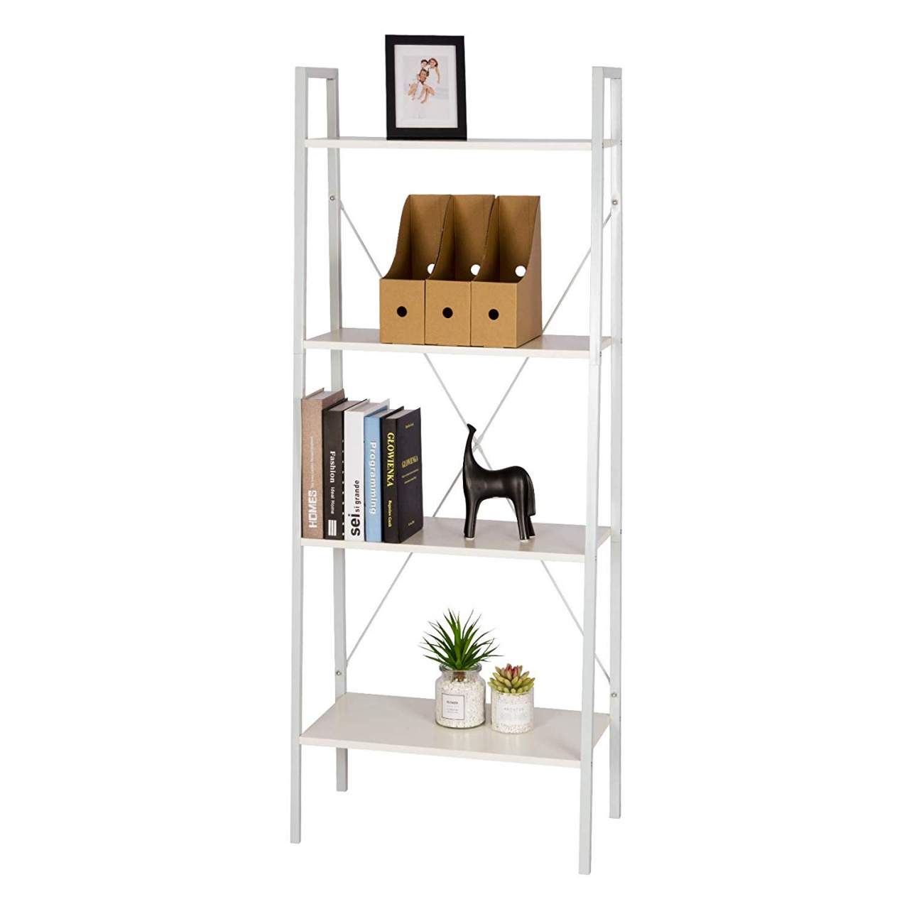 Heavy Duty 4 Tier Ladder Bookshelf With Metal Frame For Living