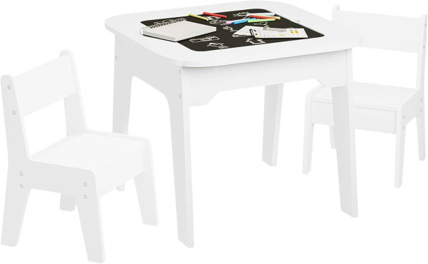 Kindersitzgruppe mit Stauraum, Kindertisch mit 2 Stühlen, zweiseitige Tischplatte, weiß