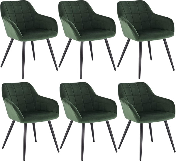 6 x Esszimmerstühle 6er Set Esszimmerstuhl Küchenstuhl Polsterstuhl Design Stuhl mit Armlehnen, mit Sitzfläche aus Samt, Gestell aus Metall Dunkelgrün