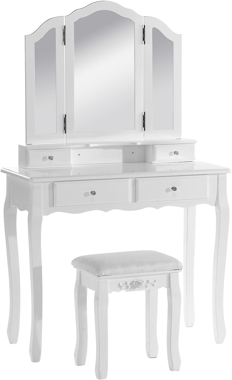 Dressing Table Cosmetic Table Dressing Table Set with 3 Mirrors and 1 Stool  4 Drawers White Makeup Desk 90 x 40 x 145cm