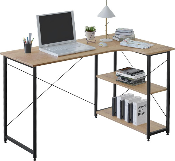 Schreibtisch PC Tisch Bürotisch aus Holz&Stahl, mit Ablage, ca 120x74x71,5 cm, Heller Eiche+schwarz